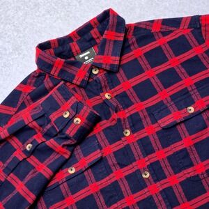Teton Gravity Research Mens Large Red Navy‎ Blue Plaid Flannel Button Down Shirt